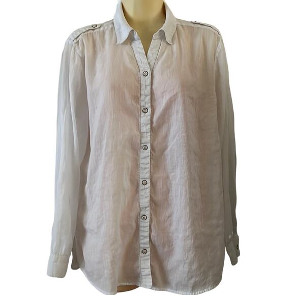 Chico’s 2 White Semi-Sheer Blouse Woman Size 12 Convertible Sleeves Button Up - Picture 1 of 10